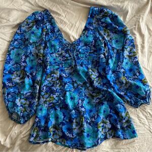 For Love & Lemons Astor Blue Floral Garden Party Mini Dress
